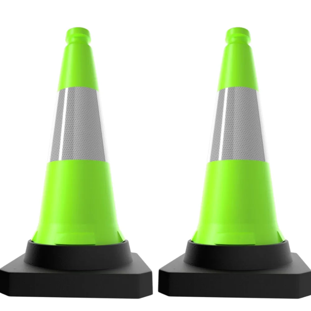 Two green traffic cones with reflective silver bands.