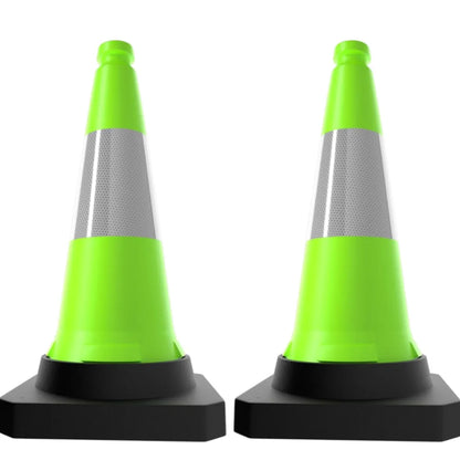 Two green traffic cones with reflective silver bands.