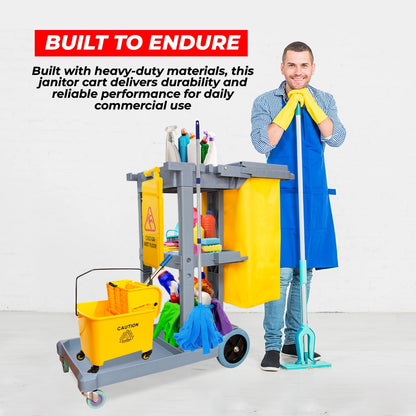 grey janitor cart with 3 tiers for organizing cleaning supplies