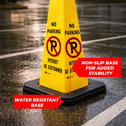 Yellow cone with no parking signs on a wet road