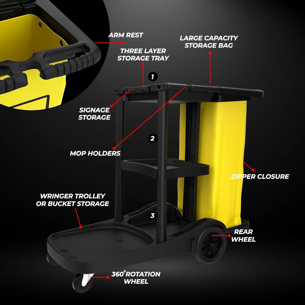 heavy duty 3 tier cleaning cart in black for commercial use