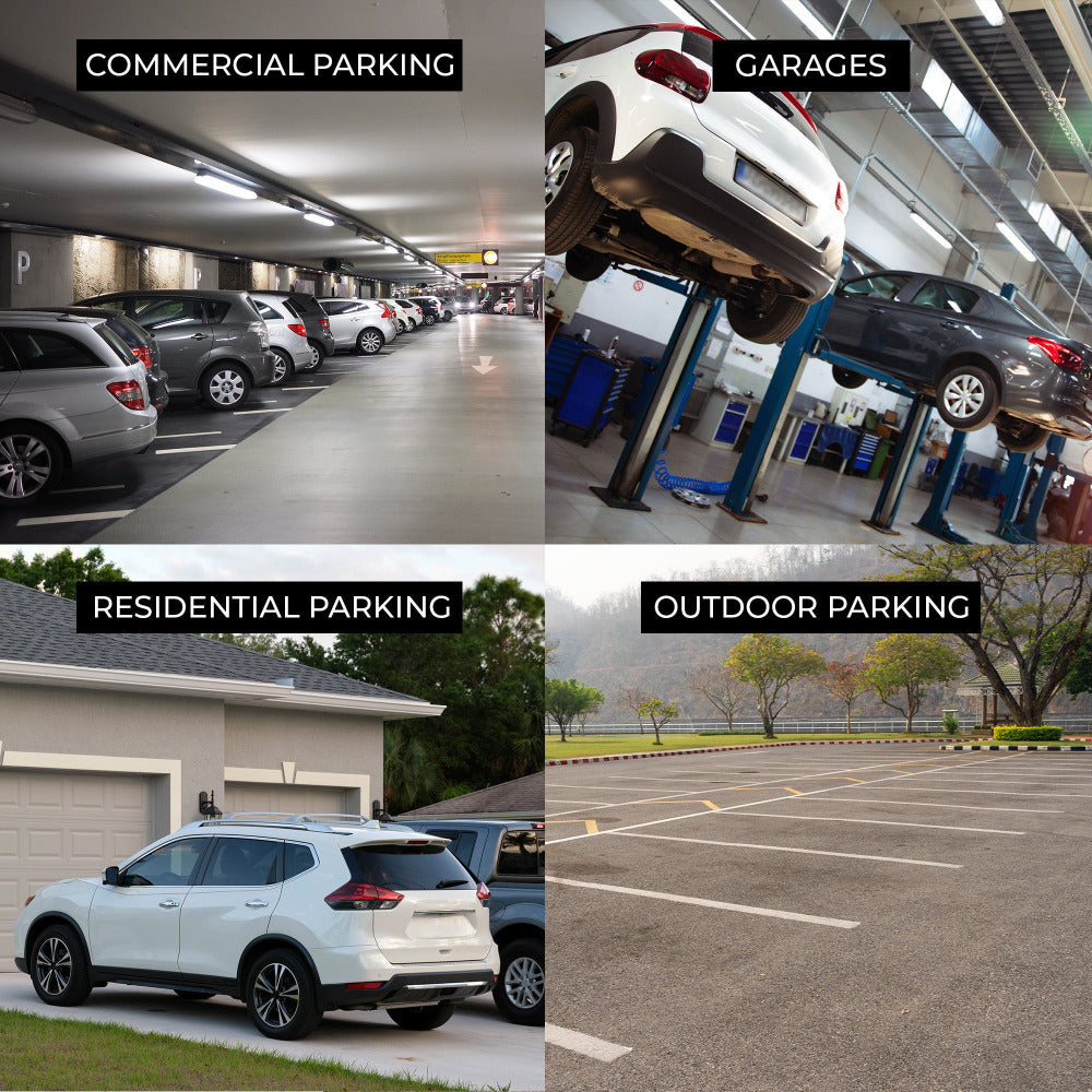 Four different types of parking: commercial, residential, and outdoor with a garage scene.
