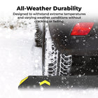 Car tire on a snowy surface with text about all-weather durability.
