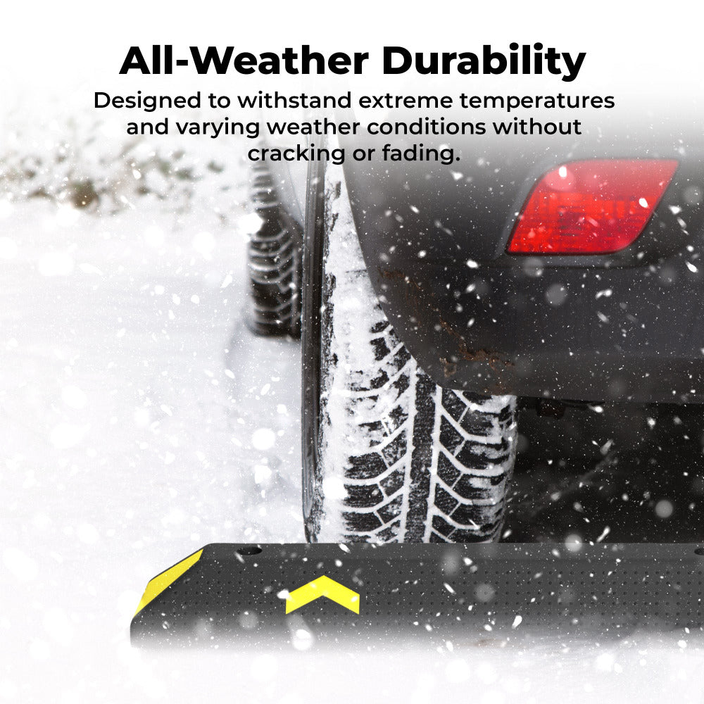 Car tire on a snowy surface with text about all-weather durability.