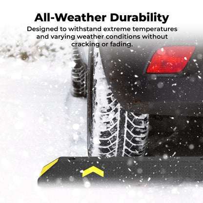 Car tire on a snowy surface with text about all-weather durability.