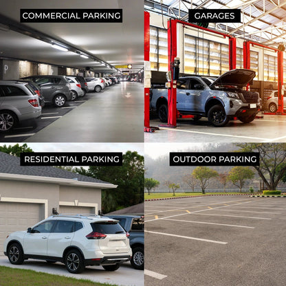 Collage of different types of parking including commercial