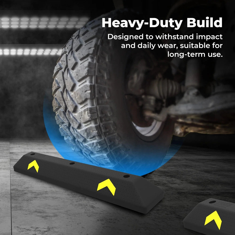 Heavy-duty tire barrier with text about durability, set against a dark background.