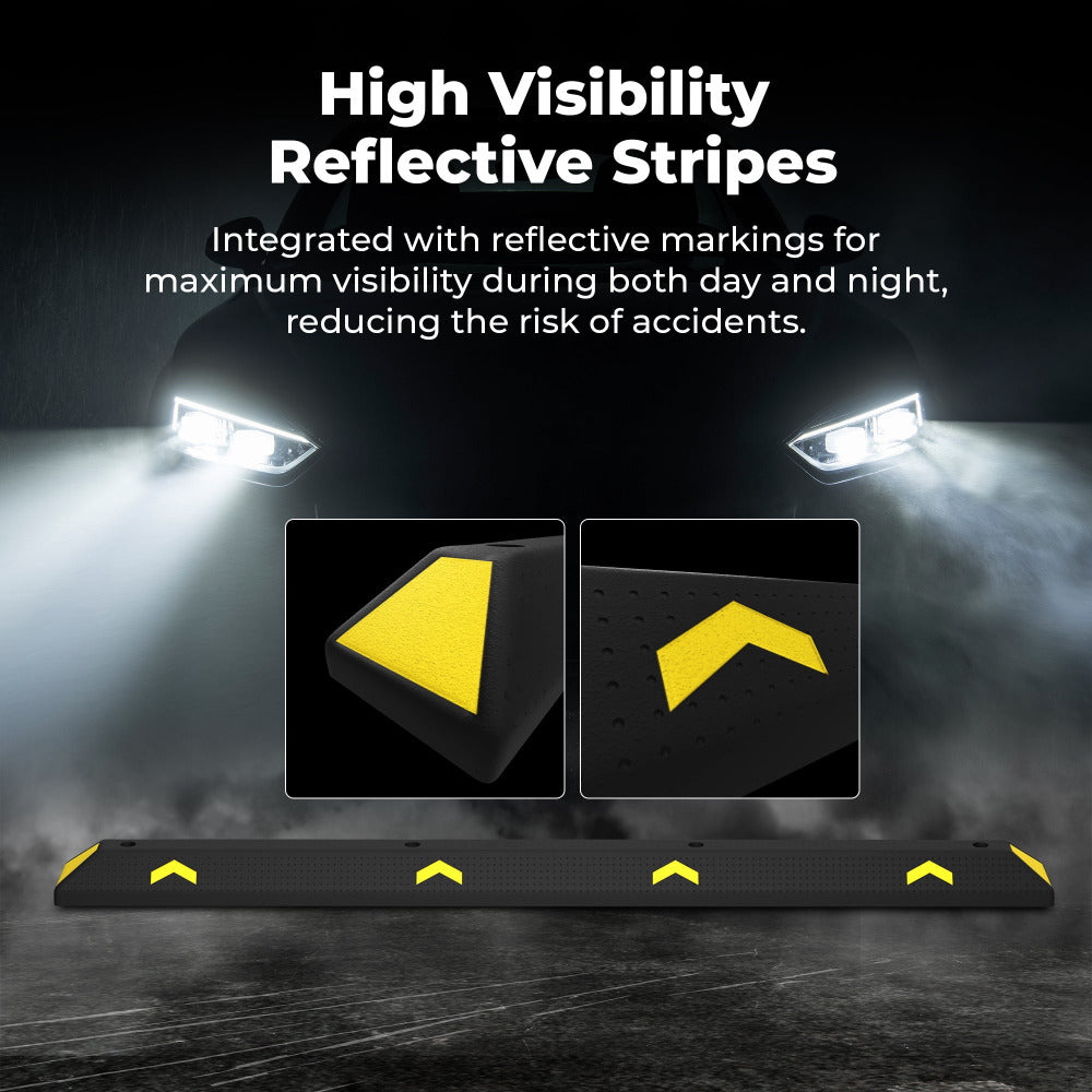High visibility reflective stripes with car headlights in the background