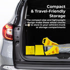 Car trunk with wheel chocks and text about compact storage