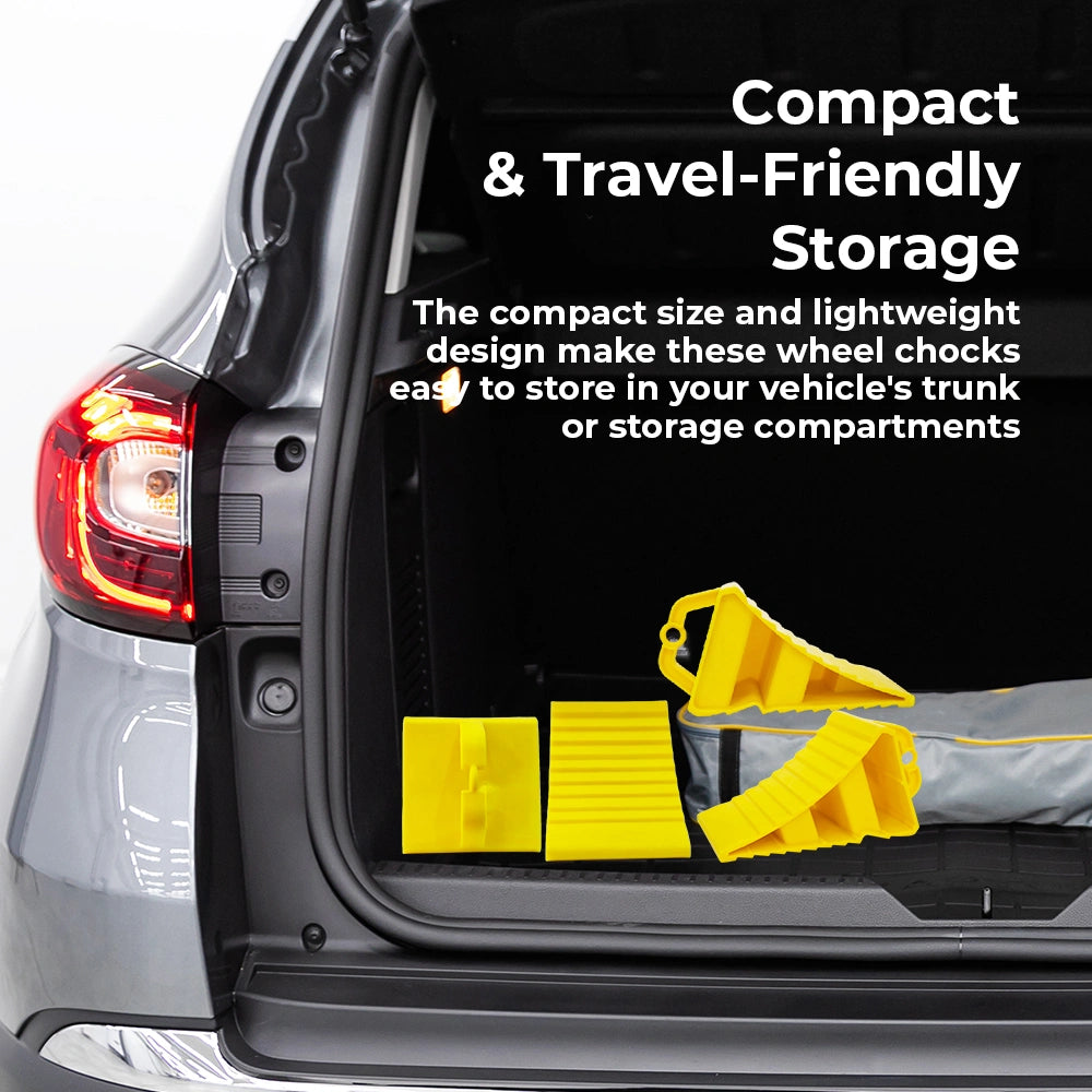 Car trunk with wheel chocks and text about compact storage
