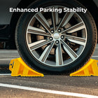 Car tire on a yellow parking block with 'Enhanced Parking Stability' text