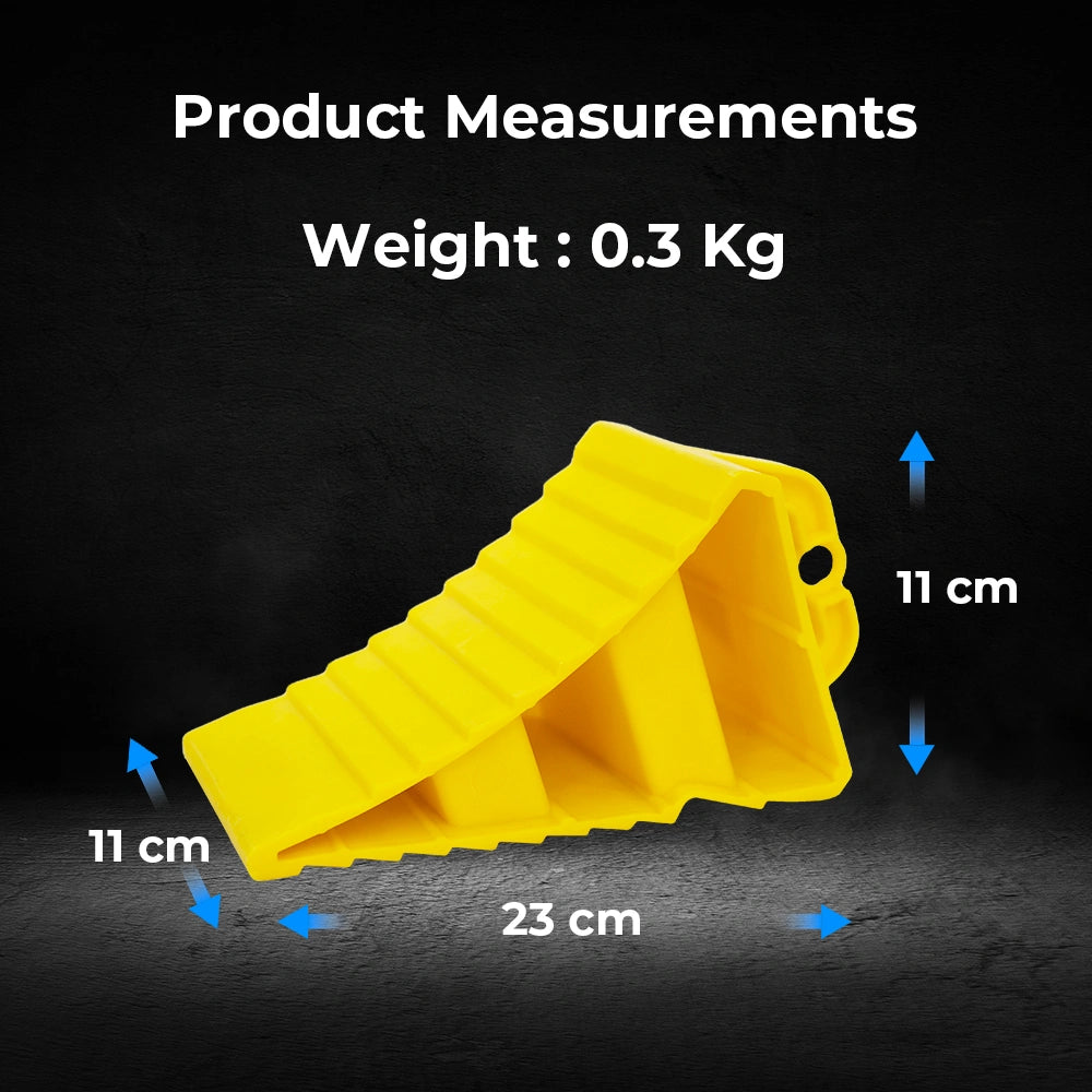 Yellow product with measurements and weight displayed on a dark background