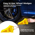 Yellow wheel wedges with a car in the background.