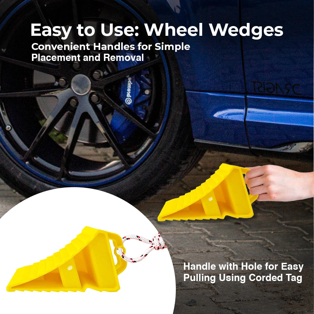 Yellow wheel wedges with a car in the background.
