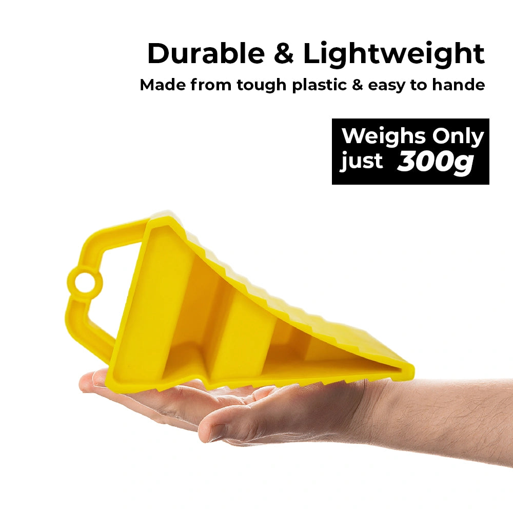 Yellow plastic product held in a hand with text about durability, weight, and ease of handling.
