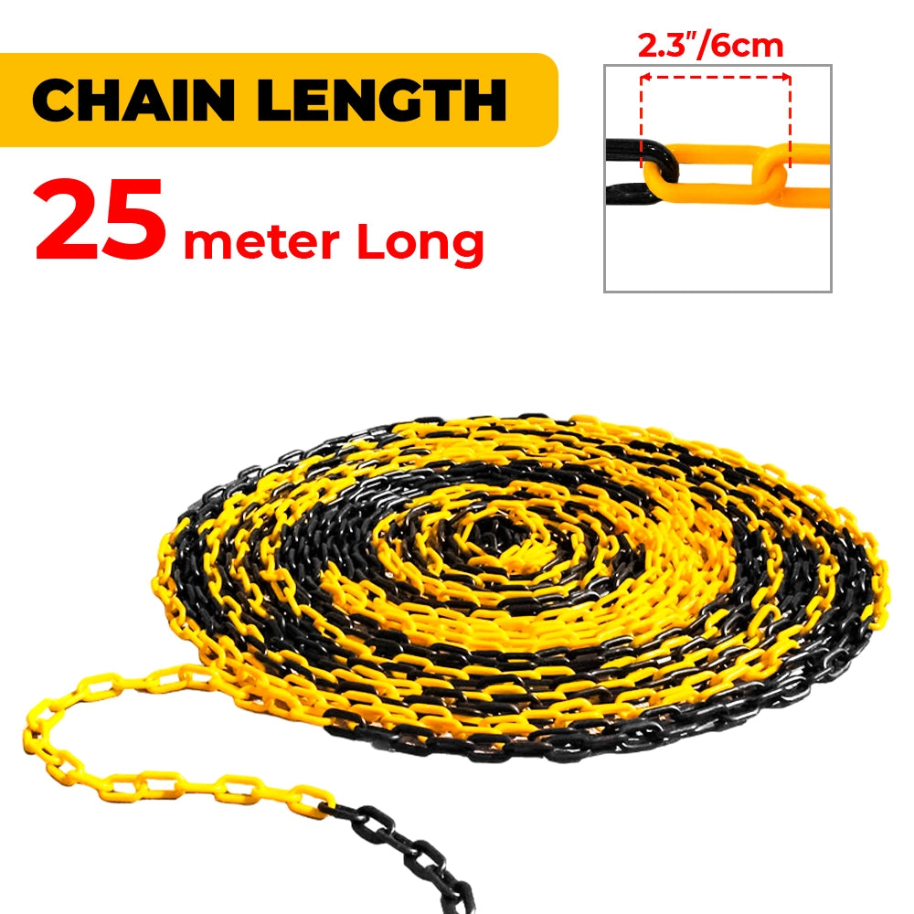 Yellow and black chain with a length of 25 meters on a white background