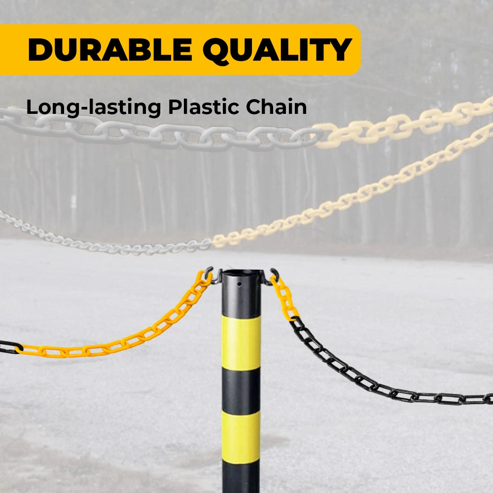 Yellow and black chain barrier with 'Durable Quality' text on a gray background