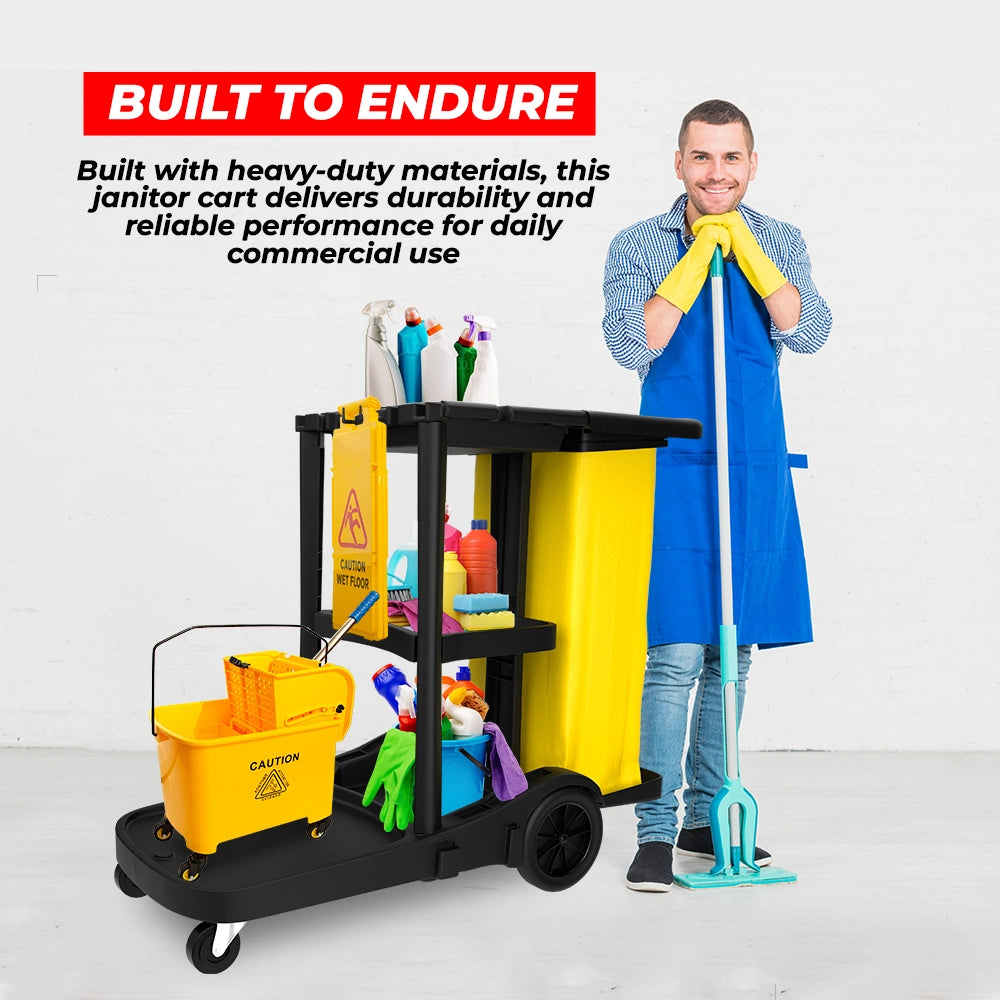 black housekeeping cart with 3 tier design for efficient cleaning