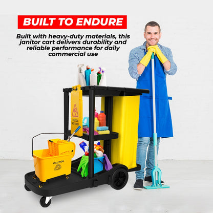 black housekeeping cart with 3 tier design for efficient cleaning