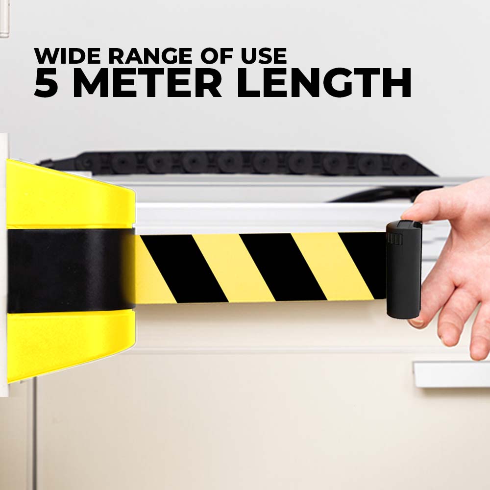 5 Meter Queue Barrier Belt - Yellow Retractable Belt Wall Mount