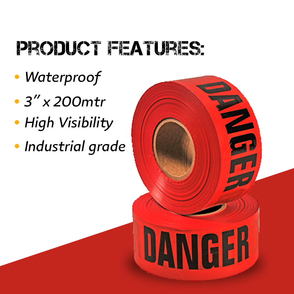 200 Meter Danger Warning Tape - Red | Non-adhesive Caution Tape | Danger Printed Barrier Tape for Cordoning Off Areas