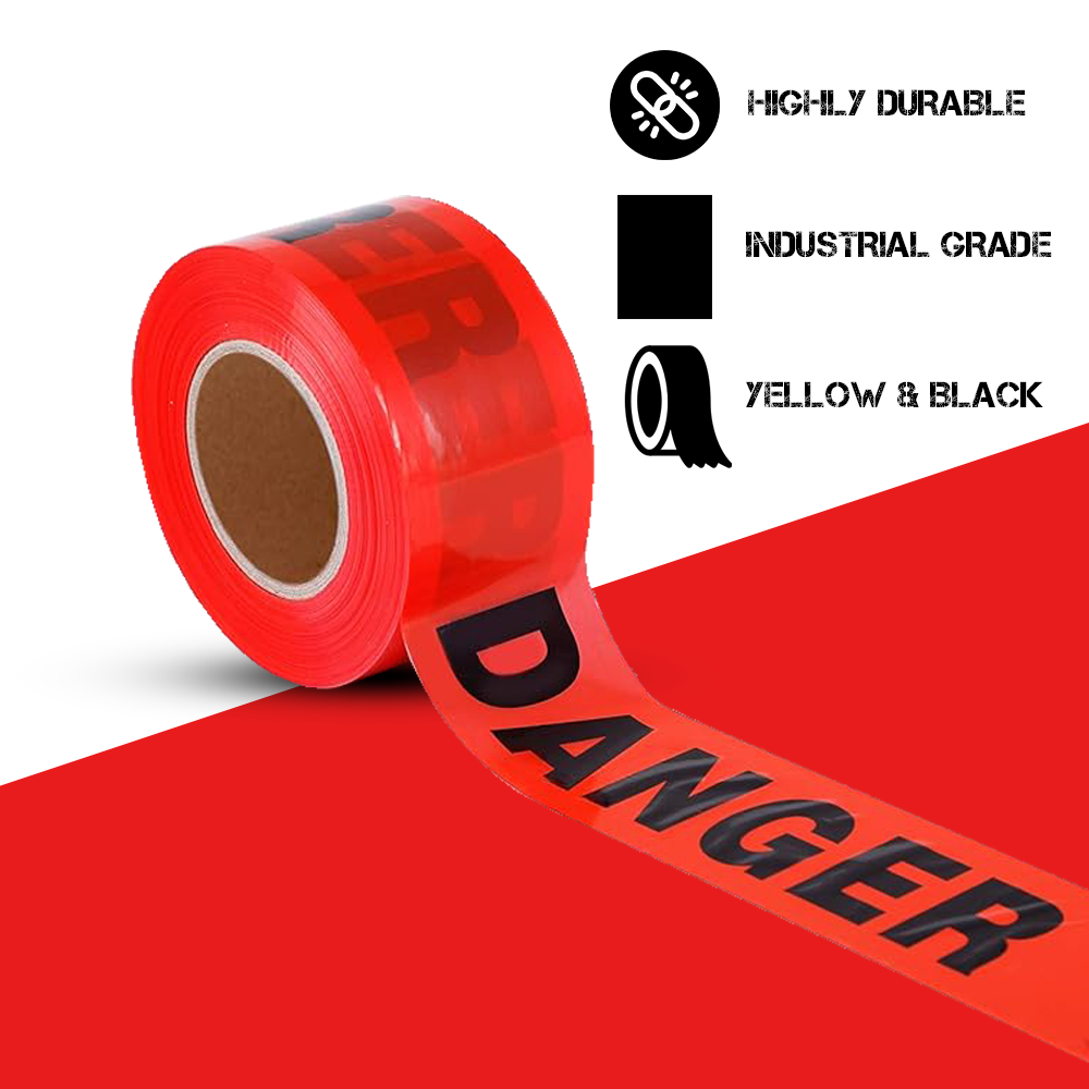 200 Meter Danger Warning Tape - Red | Non-adhesive Caution Tape | Danger Printed Barrier Tape for Cordoning Off Areas