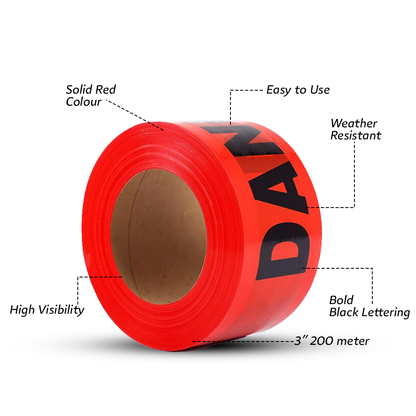 200 Meter Danger Warning Tape - Red | Non-adhesive Caution Tape | Danger Printed Barrier Tape for Cordoning Off Areas