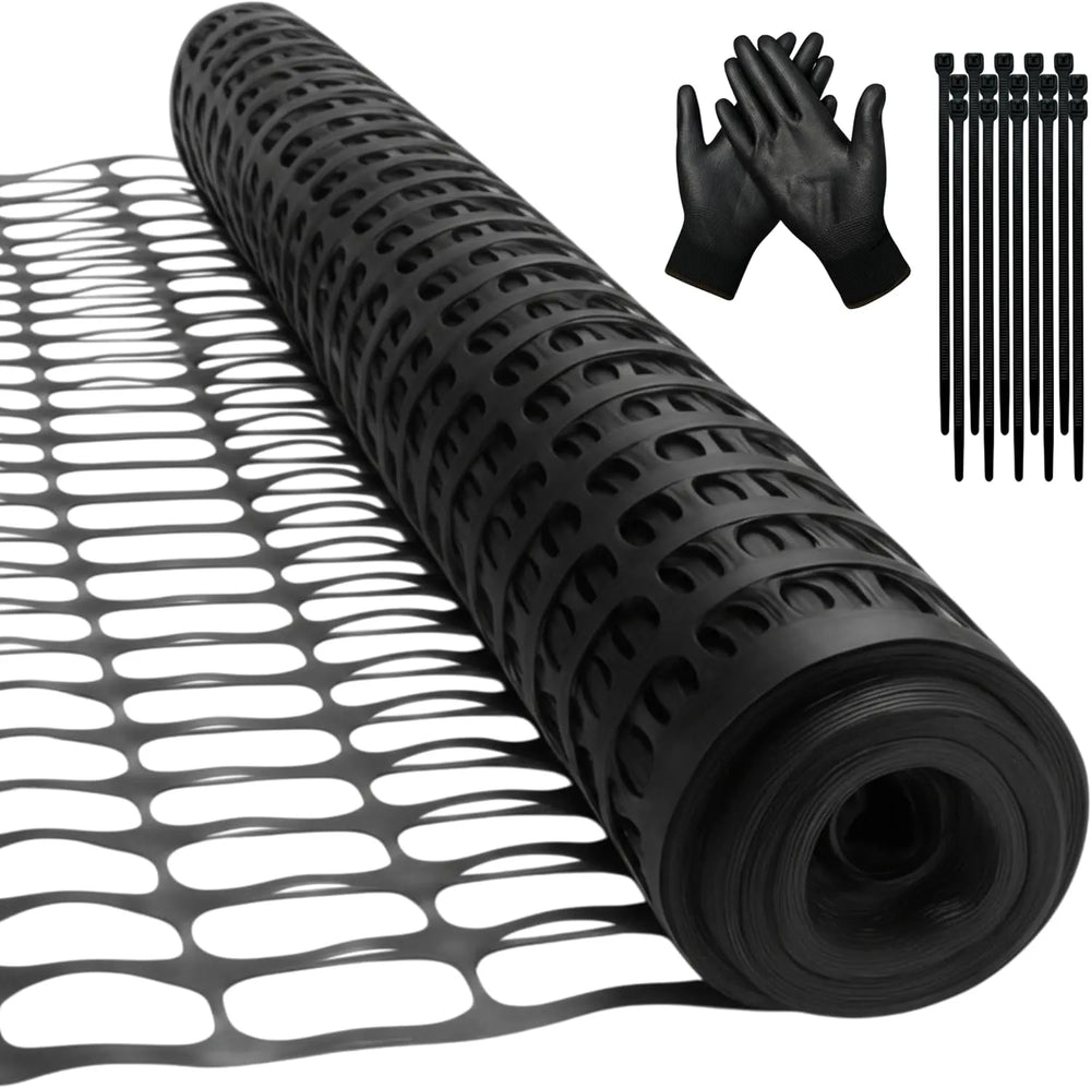 Garden Fence Animal Barrier 3.6 ft × 100 ft, Black HDPE Safety Netting with Work Gloves