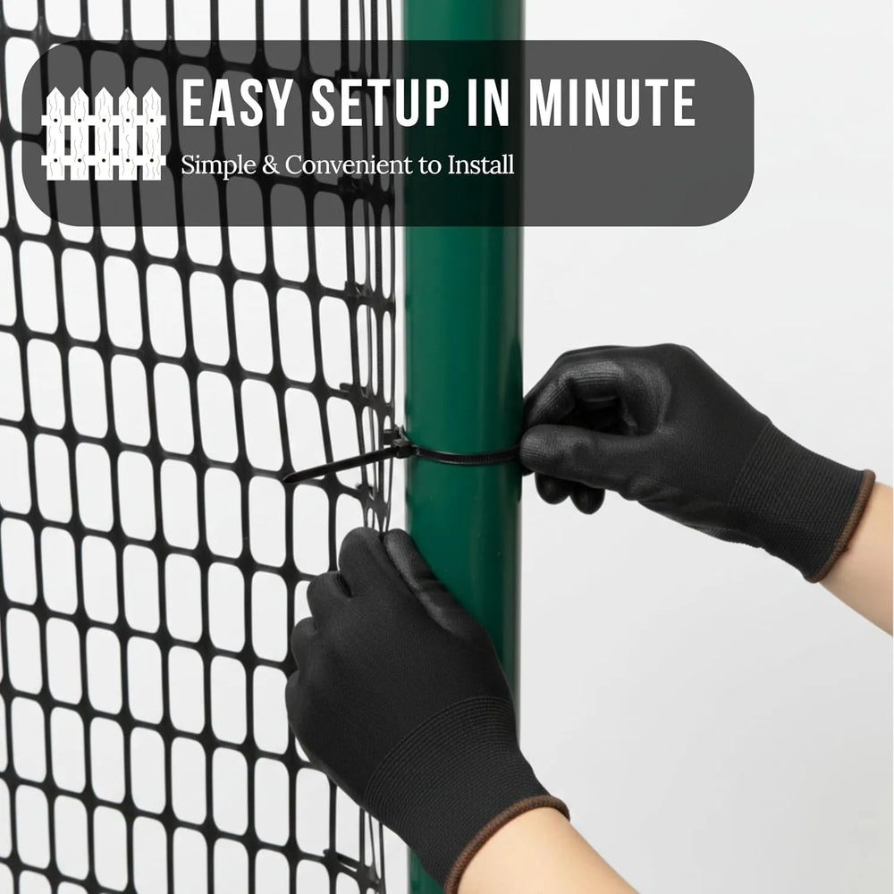 Garden Fence Animal Barrier 3.6 ft × 100 ft, Black HDPE Safety Netting with Work Gloves