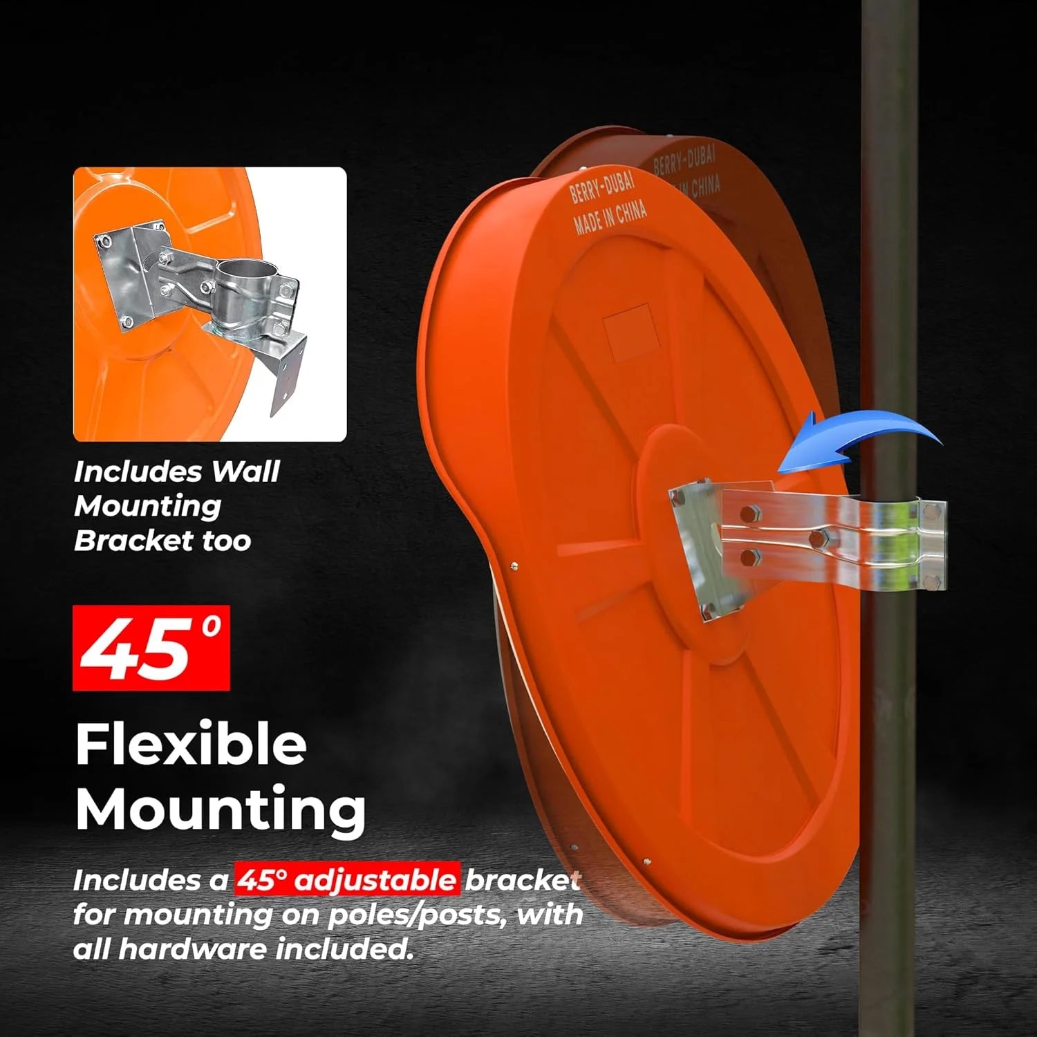 large orange convex mirror for industrial traffic safety
