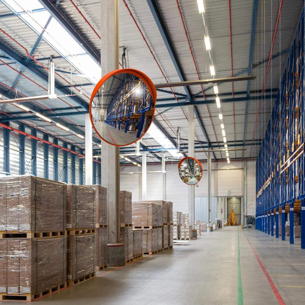 orange outdoor convex mirror for industrial workplace safety