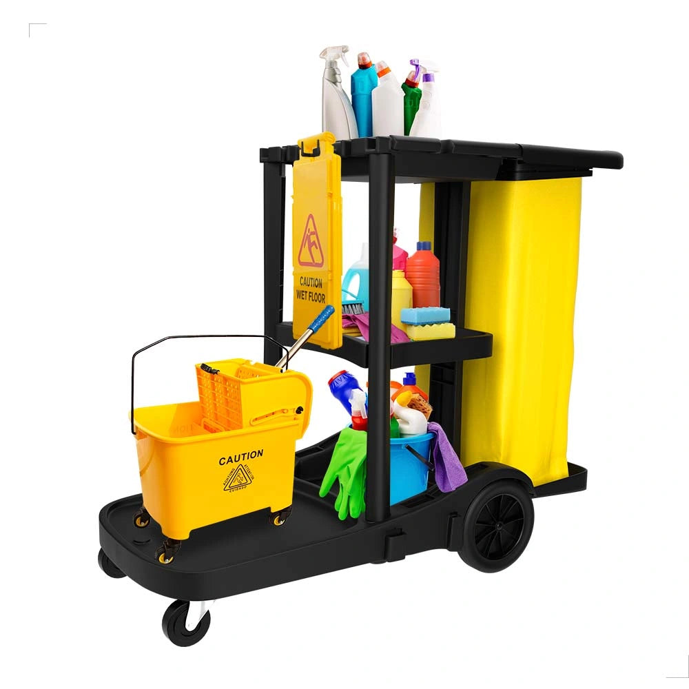 3 tier janitor cleaning cart trolley in black for professional use