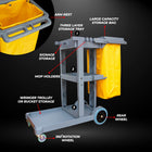 grey janitorial trolley with 3 shelves for cleaning equipment