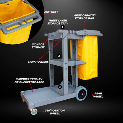 grey janitorial trolley with 3 shelves for cleaning equipment