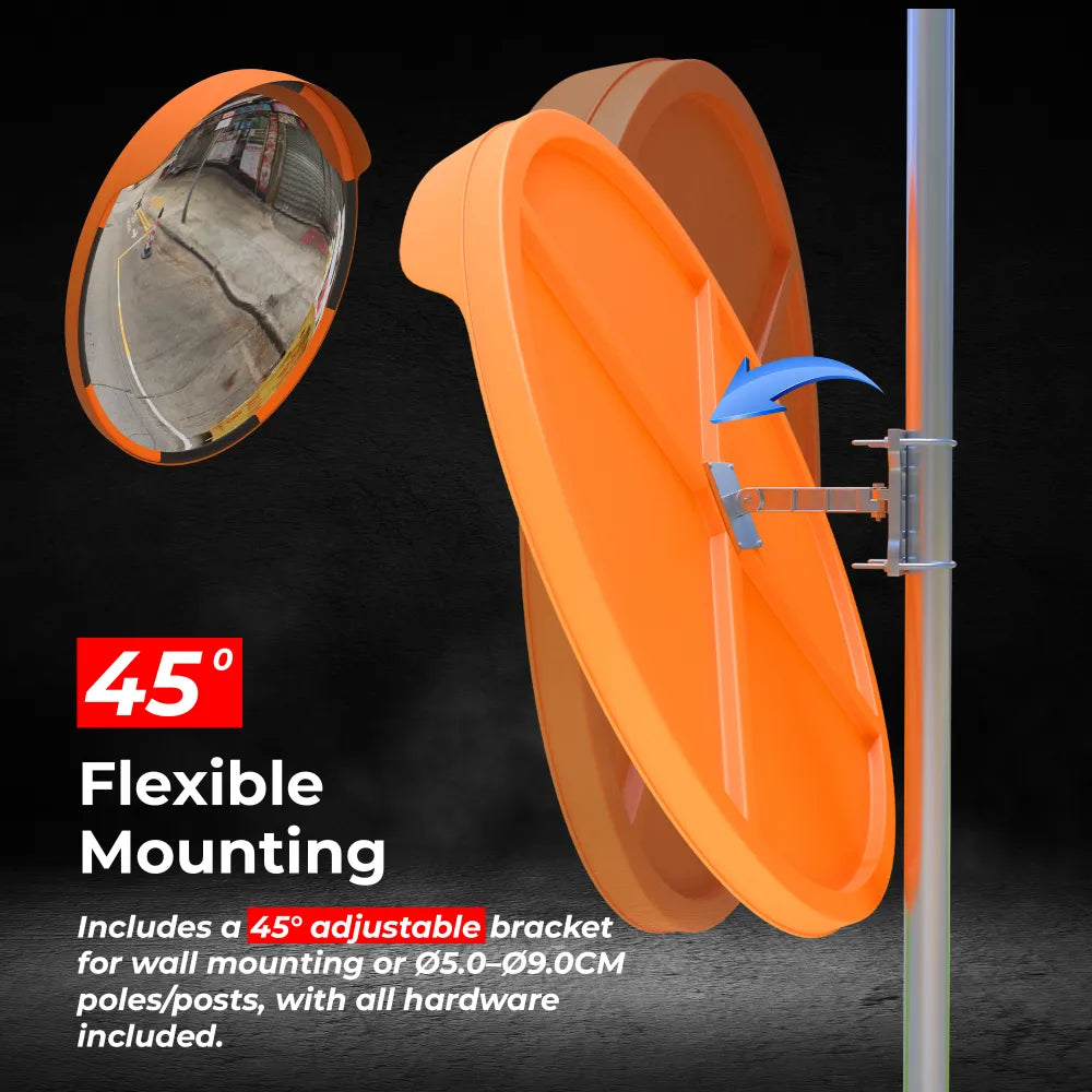 Orange safety mirror with adjustable bracket