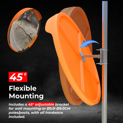 Orange safety mirror with adjustable bracket