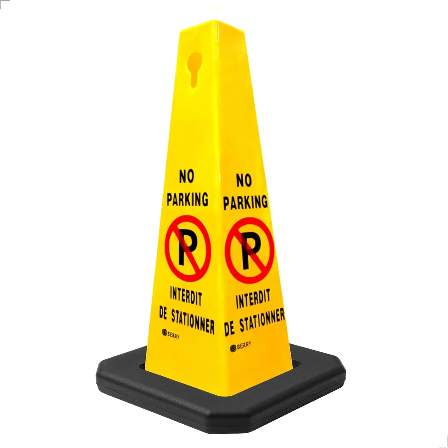 Yellow traffic cone with 'No Parking' sign