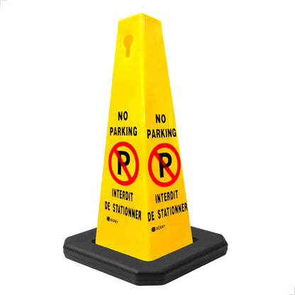 Yellow traffic cone with 'No Parking' sign