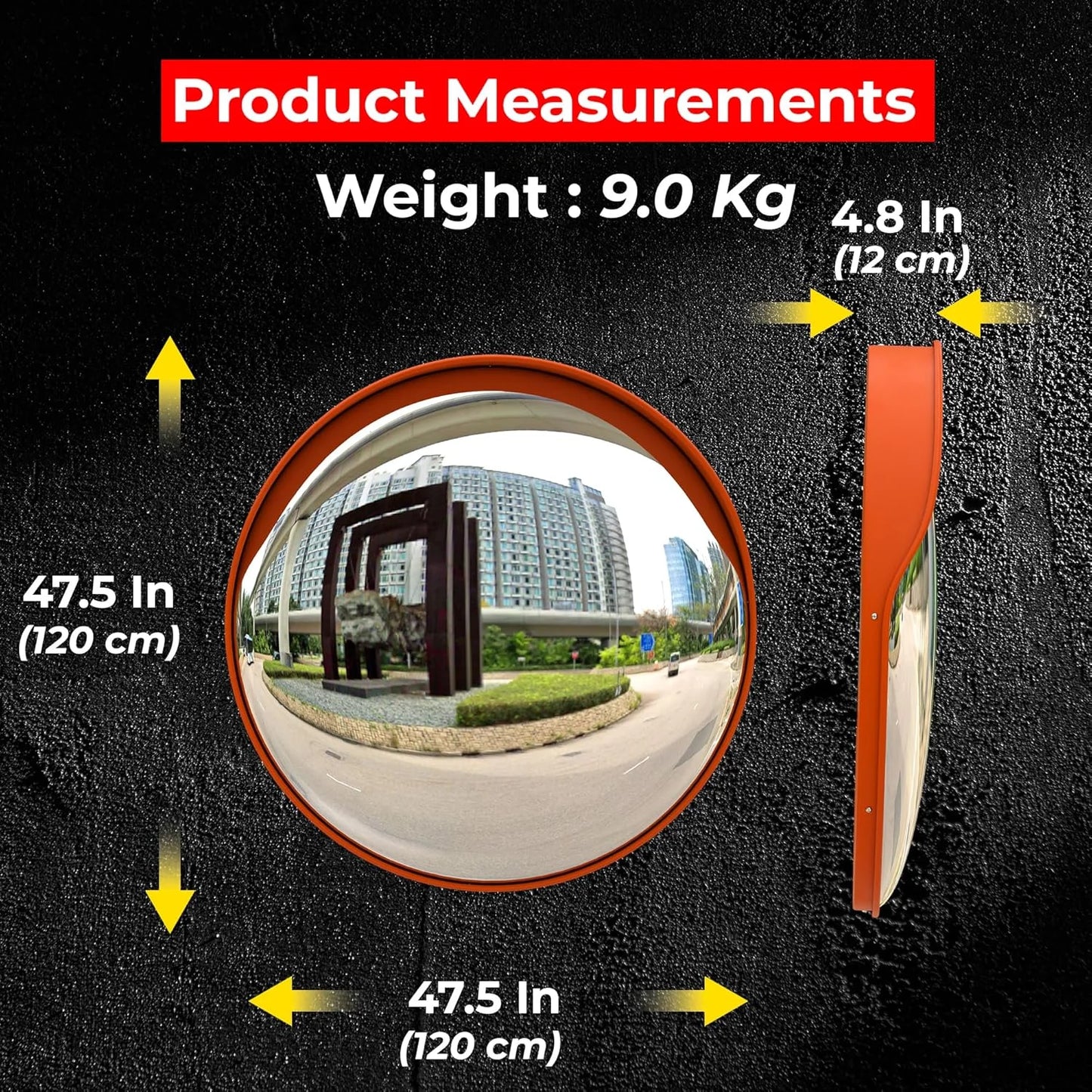orange convex road safety mirror for traffic awareness and monitoring