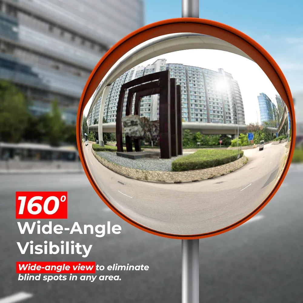 orange convex safety mirror for outdoor use and surveillance