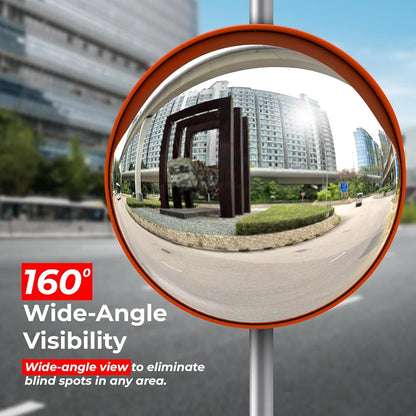 orange convex safety mirror for outdoor use and surveillance