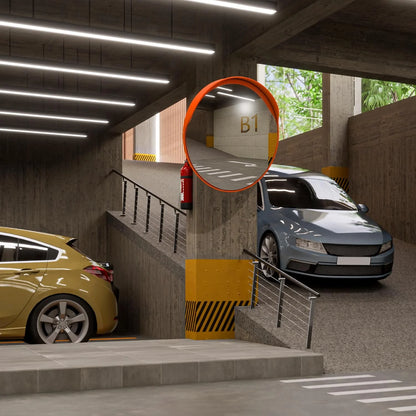 large orange convex mirror for outdoor safety and surveillance