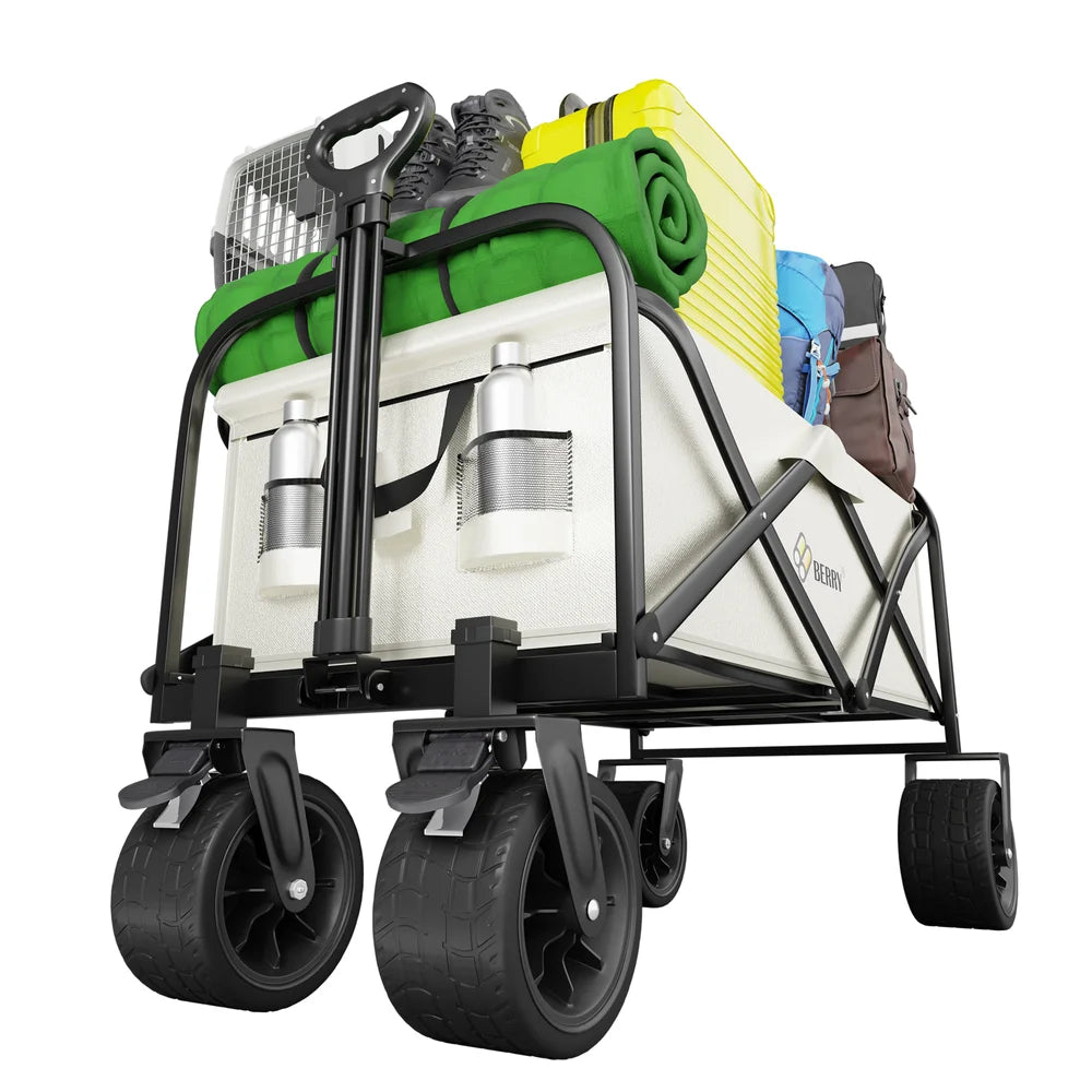 beige folding outdoor transport cart for camping and utility use
