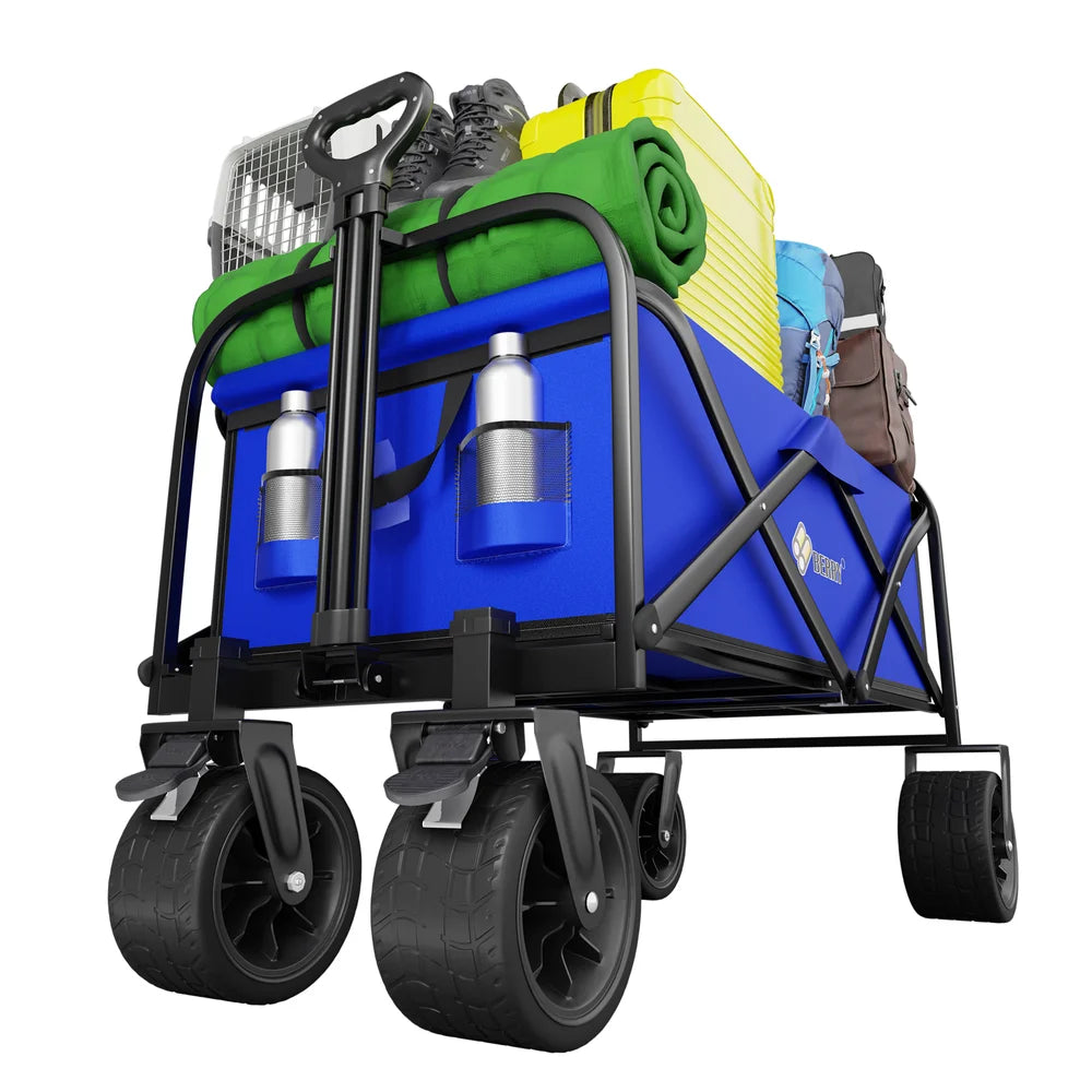 blue folding outdoor transport cart for camping and utility use