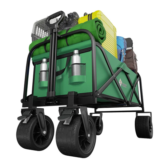 green folding outdoor transport cart for camping and utility use