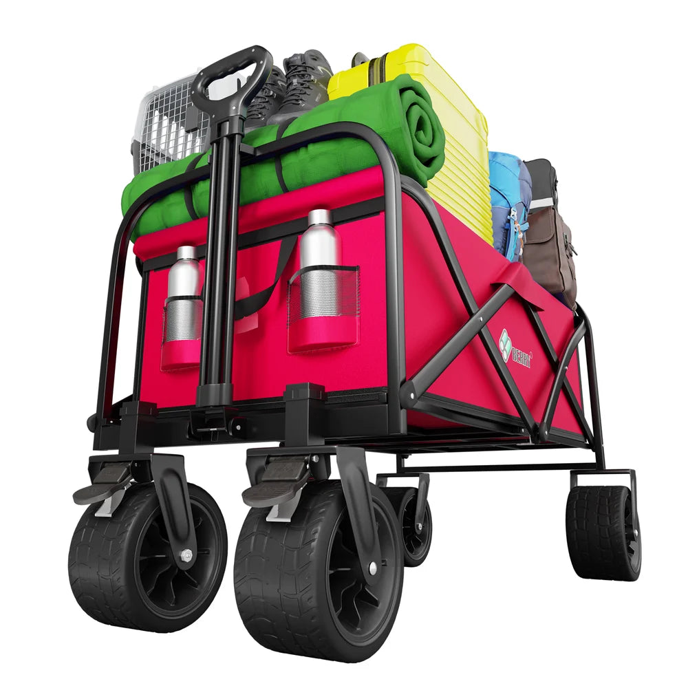 red folding outdoor transport cart for camping and utility use