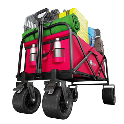 red folding outdoor transport cart for camping and utility use