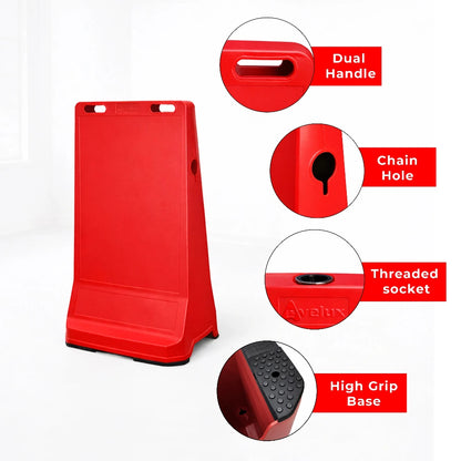 Red sign stand with features 