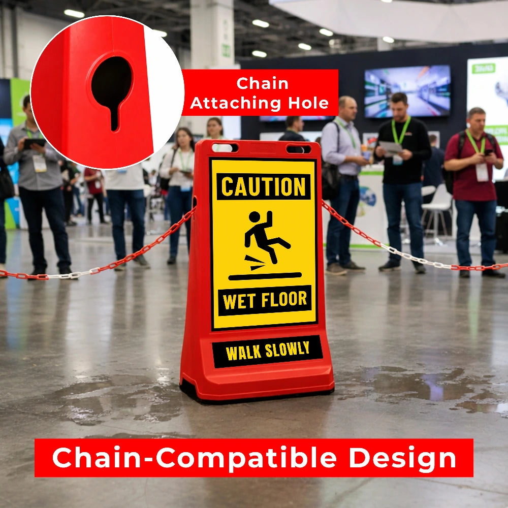 Caution sign barrier for wet floor with chain attachment 