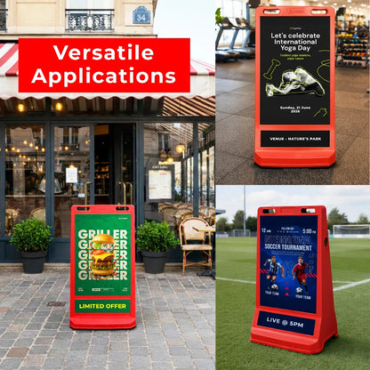  display sign board stands in various settings with different messages.